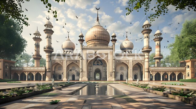 الفن الهندسي المعماري للمساجد، تصاميم و ديكورات على الطراز الاسلامي، مجسم ثلاثي الابعاد لمسجد عريق، السماء المليئة بالسحب والغيوم البيضاء، القبب والمآذن المتميزة، مفهوم العبادة والتقرب إلى الله