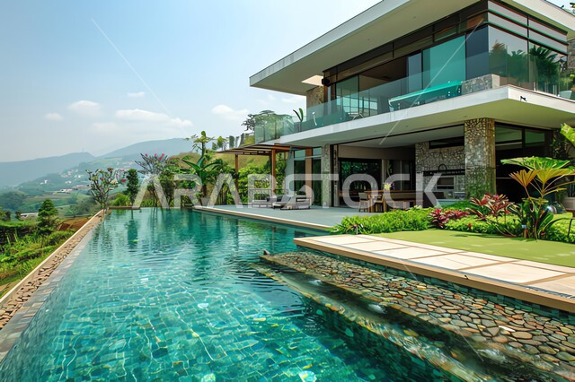 تصميمات وديكورات فخمة، تصاميم عصرية للمسابح المتميزة في الحديقة الخارجية، الأشجار والنباتات الخضراء المحيطة بالشقق والفلل السكنية السياحية، الفن الهندسي المعماري على الطراز الحديث، النمو والتقدم العمراني في المملكة العربية السعودية