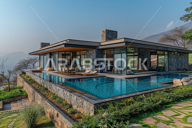 Modern designs for distinctive swimming pools in the outdoor garden, trees and green plants surrounding tourist residential apartments and villas, luxurious designs and decorations, modern architectural art, urban growth and progress in the Kingdom of Saudi Arabia