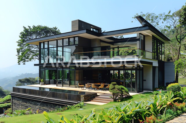 الاهتمام في زراعة النباتات الخضراء, صورة من الاعلى لمنزل وسط الطبيعه, مفهوم الاسترخاء و الراحة, الفن الهندسي المعماري على الطراز الحديث , الاشجار المحيطة بالشقق والفلل السكنية السياحية, خلفية الطبيعه