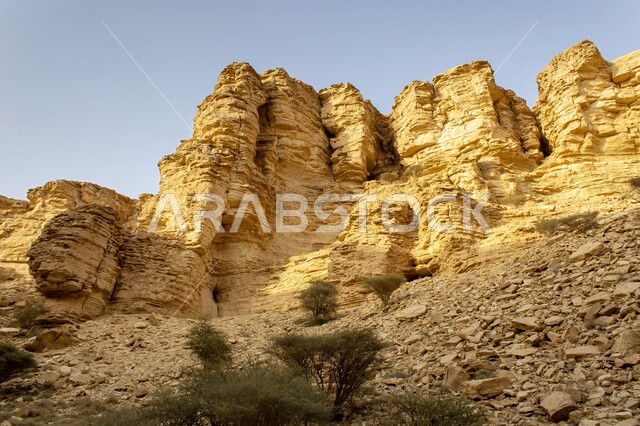 جرف صخري وتضاريس في وادي شعيب في لوها،  التشكيلات والتكوينات الصخرية في صحراء مدينة الرياض، المناطق الاثرية التاريخية القديمة المشهورة في المملكة العربية السعودية، النباتات البرية الخضراء في الطبيعة الصحراوية