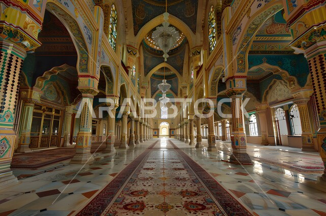 Performing prayers and obligatory prayers, architectural engineering art in the Islamic style, distinctive religious interior designs and decorations for mosques, luxurious decorations and designs for spacious prayer halls in mosques, worship and getting closer to God