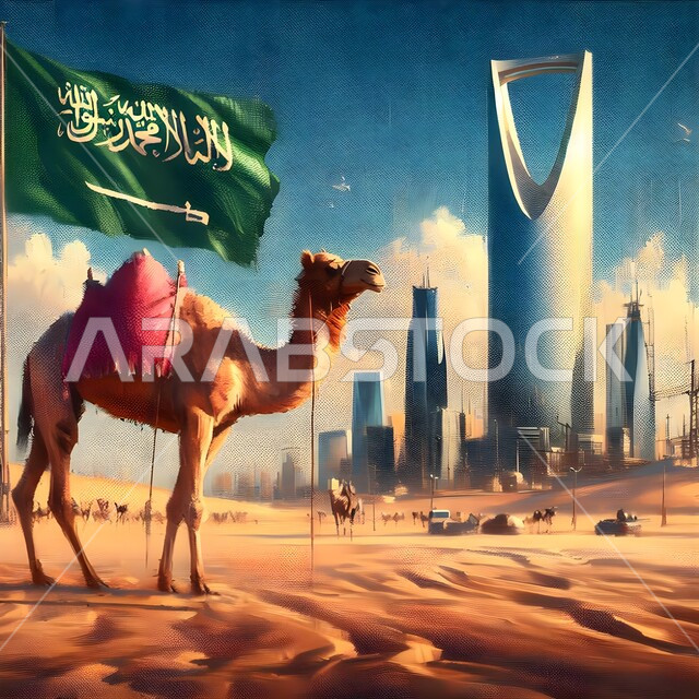 الاحتفال بالعيد الوطني 23 سبتمبر، يوم العلم 11 مارس، تربية المواشي والجمال في المحميات الطبيعية والمناطق الصحراوية، لوحة فنية بالألوان الزيتية لحيوان الابل يقف في الصحراء ، خلفية الأبراج وناطحات السحاب في المملكة العربية السعودية