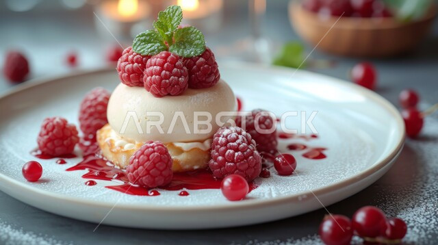 تشيز كيك مع التوت الاحمر، طبق من حلوى بودينج الفانيلا مع الفواكه الطازجة، حلويات عربيه شرقيه، حلا قهوه بارد، فنون تقديم التحلية في السعودية