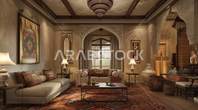 الديكورات والتصاميم لغرفة المعيشة على النمط العربي القديم، الأثاث المنزلي الراقي والمريح، الفن الهندسي للزخارف والنقوش العربية الاسلامية، الديكور الداخلي للمنازل والشقق السكنية