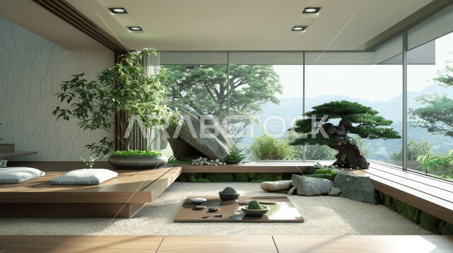 الديكورات والتصاميم العصرية الحديثة لغرفة معيشة على الطراز الياباني، الواجهات والنوافذ الزجاجية المطلة على الطبيعة، الأثاث المنزلي الخشبي الراقي، الديكور الداخلي للفلل والشقق السكنية، النباتات والأشجار الخضراء الطبيعية