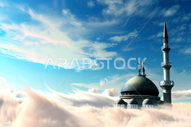 اطلالة لمسجد بين الغيوم  ، الأماكن والمعالم الاسلامية  المقدسة ، الفن الهندسي المعماري للمآذن وقبب المساجد والجوامع ، السماء الزرقاء المليئة بالسحب البيضاء ، الأجواء الروحانية الدينية
