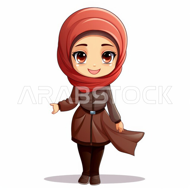 رسوم توضيحية ثلاثية الأبعاد لشابة عربية خليجية سعودية محجبة مبتسمة، شخصيات كرتونية للأطفال، الاهتمام بالأناقة والمظهر الخارجي، الوقوف باستقامة والنظر الى الكاميرا بايماءات السعادة والسرور، خلفية بيضاء