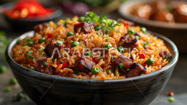 صحن من رز الكبسة، فنون تقديم الطعام في المطاعم الشرقية، مأكولات وأطباق عربية تقليدية، صورة مقربة لطبق من أرز البرياني مع قطع من اللحم المطهي، وصفات الطعام الصحية الشهية