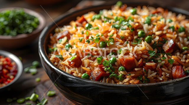  صحن من رز الكبسة، فنون تقديم الطعام في المطاعم الشرقية، مأكولات وأطباق عربية تقليدية، صورة مقربة لطبق من أرز البرياني مع قطع من اللحم المطهي، وصفات الطعام الصحية الشهية