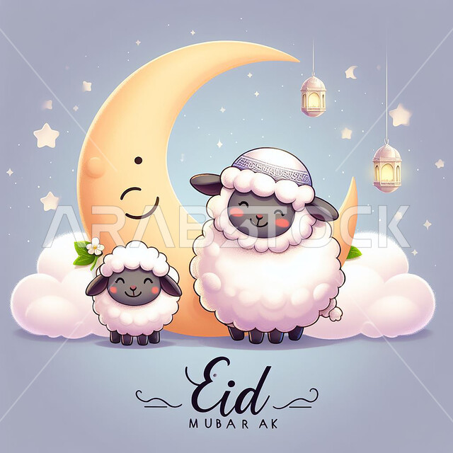 عبارة عيد مبارك باللغة الإنجليزية، قربان و أضحية عيد الاضحى المبارك، رسوم ثري دي للغنم الثدي الاليف، مجسم ثلاثي الأبعاد لحيوان الخاروف الأبيض بجانب الهلال والفوانيس، أعياد دينيه إسلاميه
