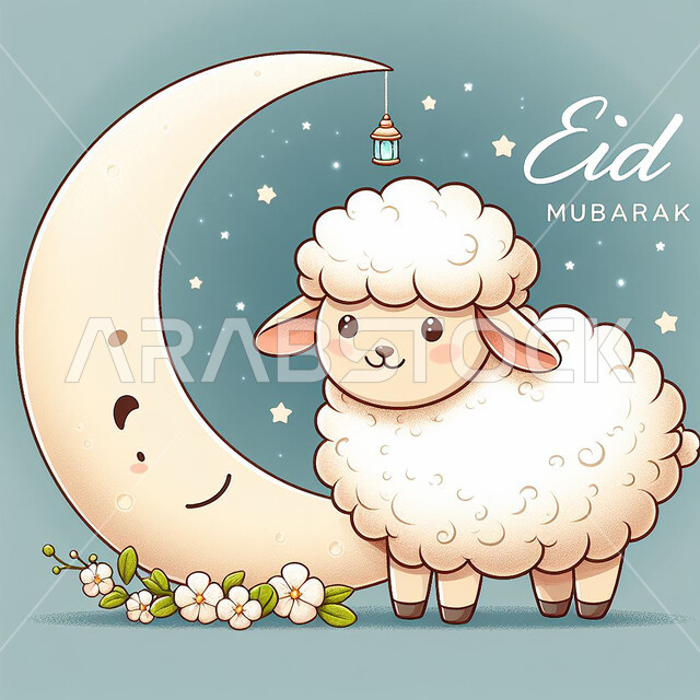 مجسم ثلاثي الأبعاد لحيوان الخاروف الأبيض بجانب الهلال، أعياد دينيه إسلاميه، عبارة عيد مبارك باللغة الإنجليزية، قربان و أضحية عيد الاضحى المبارك، رسوم ثري دي للغنم الثدي الاليف، خلفية مزينة