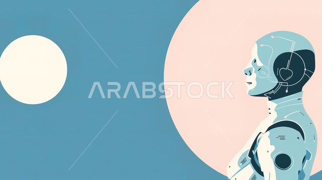 Three-dimensional designs for future robots, artificial intelligence science and technology, achieving the industrial revolution, future Saudi vision 2030, close-up image of a modern and advanced robot with high technologies, working with technical plans, big data network and digital transformation, colorful background