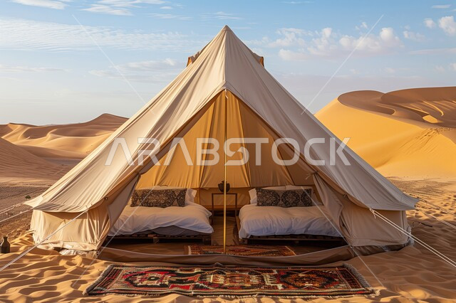 التخييم في صحاري المملكة العربية السعودية, الأجواء الشتوية الممتعة, كشتة و جلسة بر شبابية، خيمة بدوية شعبية وسط الصحراء، التضاريس والرمال الذهبية الناعمة في وضح النهار، مخيمات سياحية في المناطق البرية
