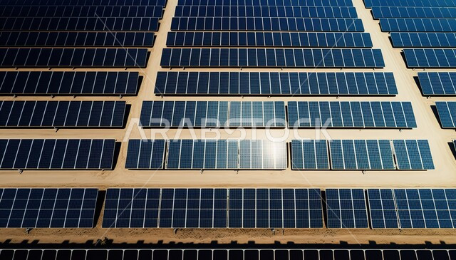 محطات الطاقات الشمسية المتجددة, مفهوم انتاج الطاقة البديلة الصديقة للبيئة في المملكة العربية السعودية, الرمال الذهبية الناعمة , صورة من الأعلى لألواح الطاقة الكهروضوئية وسط الصحراء في وقت النهار