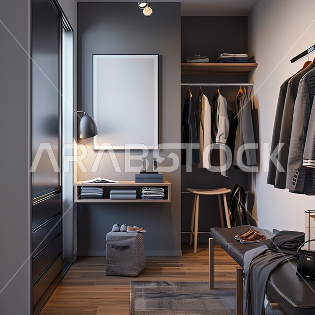تصميم داخلى لغرفة تبديل الملابس بأسلوب حديث، أثاث منزلي أنيق ومريح، فنون الهندسة المعمارية والديكور، شقق وفلل سكنية بديكورات فاخرة، غرف بتصاميم عصرية فاخرة