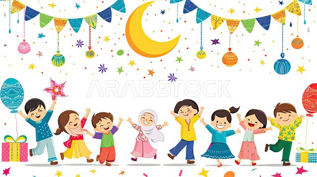 فرحة الأطفال بالعيد السعيد، الإحتفال بالأعياد والمناسبات الدينية الإسلامية، رسوم توضيحية ثلاثية الأبعاد لمجموعة من الأولاد سعيدون بالهدايا والعيديات، الزينة والديكورات والأنوار المضيئة 