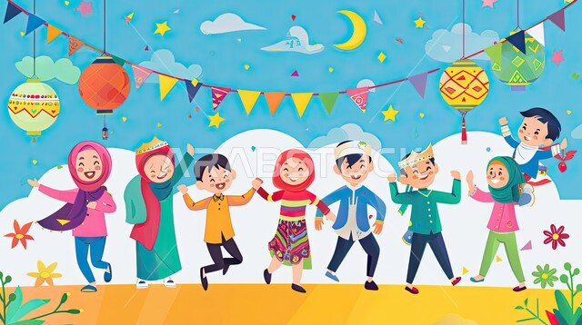 الإحتفال بالأعياد والمناسبات الدينية الإسلامية، فرحة الأطفال بالعيد السعيد، رسوم توضيحية ثلاثية الأبعاد لمجموعة من الأولاد سعيدون بالهدايا والعيديات، الزينة والديكورات والأنوار المضيئة 