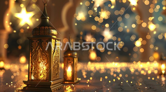  فوانيس عربية تقليدية معدنية مزخرفة مضيئة، الأجواء الروحانية بقدوم شهر رمضان المبارك، الاحتفال بالأعياد والمناسبات الدينية، خلفية رمضانية ثلاثية الأبعاد، ديكورات وتحف وأنوار اسلامية، الاستعداد لاستقبال شهر الخير