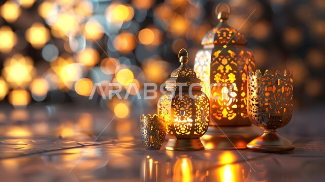 ديكورات وتحف وأنوار اسلامية، الاستعداد لاستقبال شهر الخير، فوانيس عربية تقليدية معدنية مزخرفة مضيئة، الأجواء الروحانية بقدوم شهر رمضان المبارك، الاحتفال بالأعياد والمناسبات الدينية، خلفية رمضانية ثلاثية الأبعاد