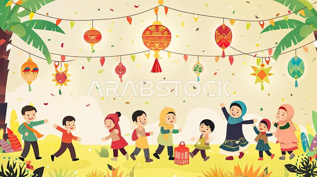 الزينة والديكورات والأنوار المضيئة ، رسوم توضيحية ثلاثية الأبعاد لمجموعة من الأولاد سعيدون بالهدايا والعيديات، الإحتفال بالأعياد والمناسبات الدينية الإسلامية، فرحة الأطفال بالعيد السعيد