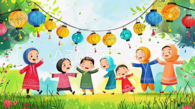 استقبال العيد بالأجواء السعيدة ، رسوم توضيحية لأولاد سعيدون بالهدايا والعيديات، الأعياد والمناسبات الدينية الاسلامية، الاكسسوارات والزينة والأنوار المضيئة، ايماءات البهجة والسعادة 