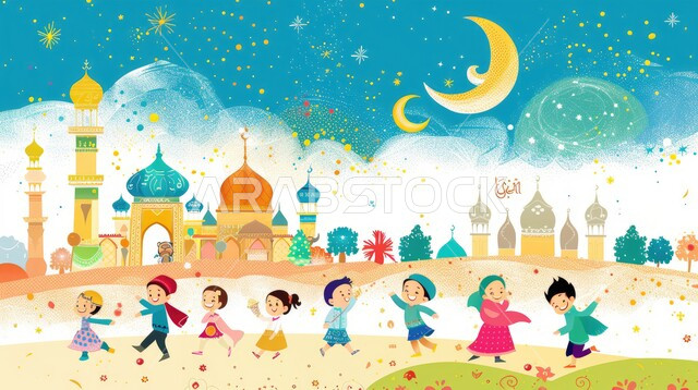 الأعياد والمناسبات الدينية الاسلامية، استقبال العيد بالأجواء السعيدة ، رسوم توضيحية لأولاد سعيدون بالهدايا والعيديات، الاكسسوارات والزينة والأنوار المضيئة، ايماءات البهجة والسعادة ، خلفية قبب ومآذن المساجد