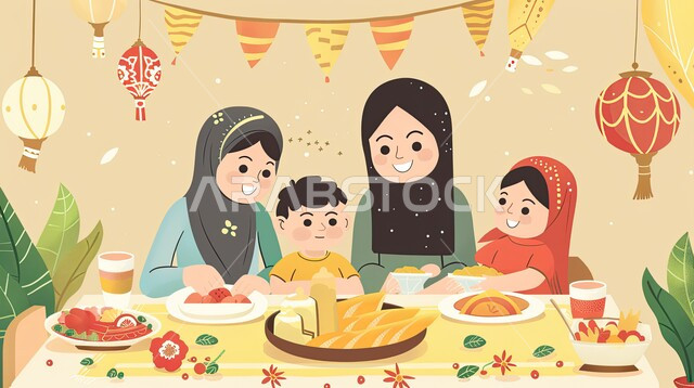 المناسبات والأعياد الدينية الاسلامية، استقبال العيد بالأجواء السعيدة ، رسوم توضيحية لعائلة مجتمعة على مائدة الطعام المليئة بالمأكولات الشهية، الاكسسوارات والزينة والأنوار المضيئة