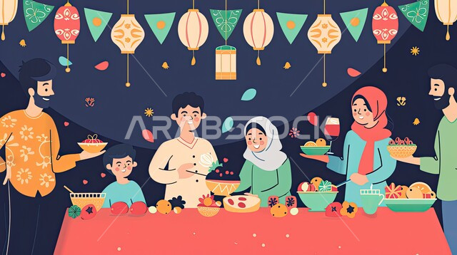الاكسسوارات والزينة والأنوار المضيئة، المناسبات والأعياد الدينية الاسلامية، استقبال العيد بالأجواء السعيدة ، رسوم توضيحية لعائلة مجتمعة على مائدة الطعام المليئة بالمأكولات الشهية