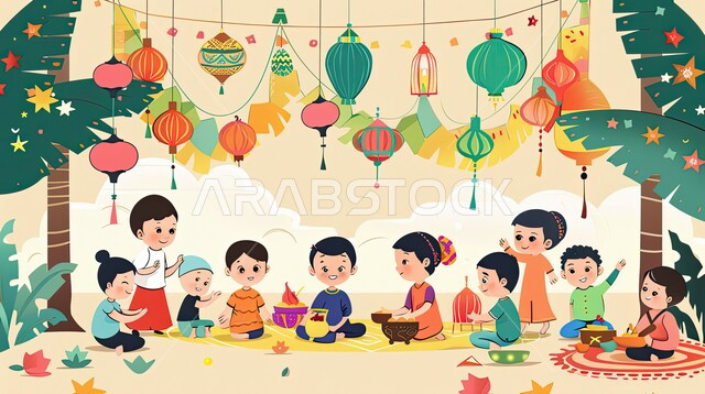 رسوم توضيحية ثلاثية الأبعاد لمجموعة من الأولاد سعيدون بمجتمعون على مائدة طعام، الإحتفال بالأعياد والمناسبات الدينية الإسلامية، فرحة الأطفال بالعيد السعيد، الزينة والديكورات والأنوار المضيئة 