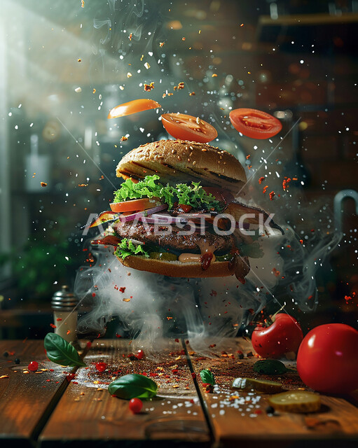 Flying burger sandwich with grilled meat and tomato slices with fresh vegetables, quick food recipes, delicious nutritional meals, Western cuisine in the Kingdom of Saudi Arabia