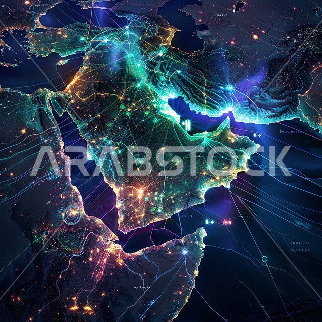 Global network connectivity, digital development and technological growth in the field of artificial intelligence, 3D holograms of the map of the Kingdom of Saudi Arabia, modern digital technology, effective communication between the Gulf countries, science fiction background