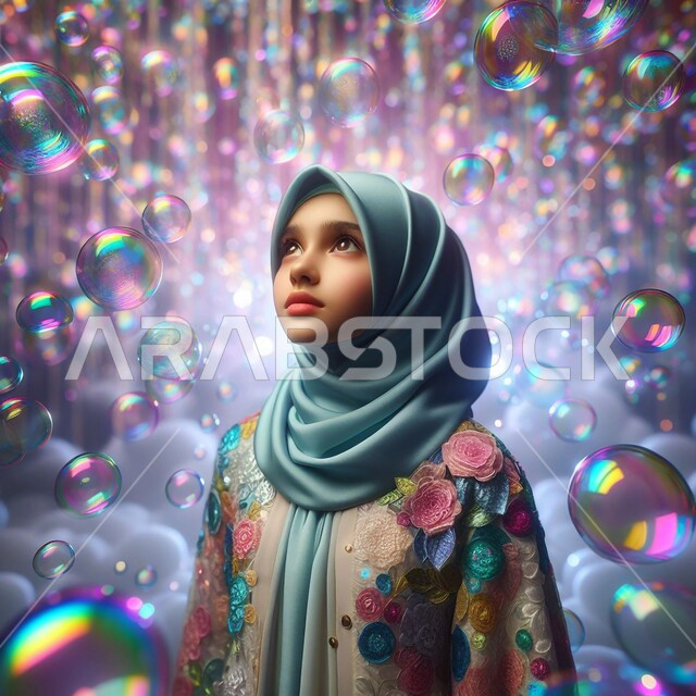 العبادة والتقرب الى الله تعالى ، مفهوم الأنوثة والنعومة والاهتمام بالمظهر الخارجي ، صورة مقربة لشابة عربية خليجية سعودية محجبة ترتدي عباءة تقليدية تنظر الى الأعلى بايماءات التوسل والدعاء ، خلفية فقاعات