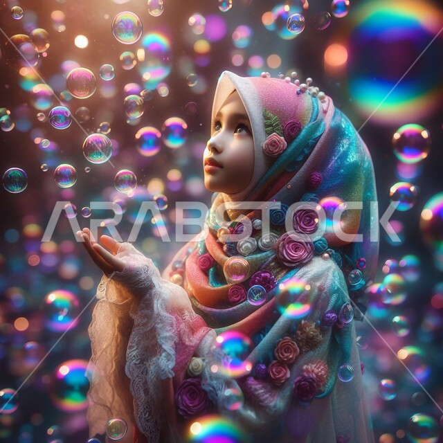 The concept of femininity, softness, and concern for external appearance, a close-up image of a veiled Saudi Gulf Arab young woman wearing a traditional abaya, looking up and raising her hands with gestures of supplication and supplication, worship and closeness to God Almighty, bubble background