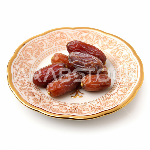 صحن مزخرف مليء بحبات التمر الطازجة، منتجات ومحاصيل زراعية محلية سعودية وطنية، تمور صحية لذيذة، ضيافة رمضانية شهية، وجبة غذائية عالية الأهمية، غذاء صحي ومفيد، خلفية بيضاء