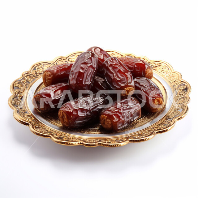 وجبة غذائية عالية الأهمية، صحن مزخرف مليء بحبات التمر الطازجة، منتجات ومحاصيل زراعية محلية سعودية وطنية، تمور صحية لذيذة، ضيافة رمضانية شهية، غذاء صحي ومفيد، خلفية بيضاء