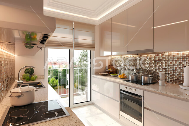 Modern decorations for luxury kitchens in the Kingdom of Saudi Arabia, windows and glass facades overlooking nature, interior designs for villas and residential apartments, a sophisticated kitchen with beige wooden cabinets