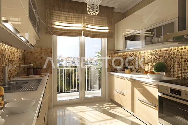 النوافذ والواجهات الزجاجية المطلة على الطبيعة، الديكورات العصرية للمطابخ الفاخرة في المملكة العربية السعودية، التصاميم الداخلية للفلل والشقق السكنية، مطبخ راقي بخزائن خشبية بيج