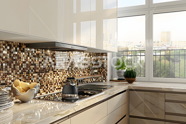 الواجهات والنوافذ الزجاجية المطلة على الطبيعة، الديكورات العصرية للمطابخ الفاخرة في المملكة العربية السعودية، التصاميم الداخلية للفلل والشقق السكنية، مطبخ راقي بخزائن خشبية بيج