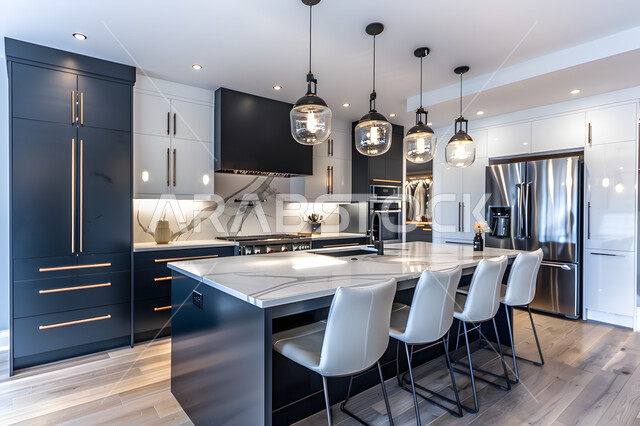 الأضواء والأنوار والأكسسوارات المنزلية، ديكور داخلي راقي لمطبخ باللون الأسود والأبيض، التصميم العصري الحديث للمطابخ الفاخرة في المملكة العربية السعودية، الفن الهندسي المعماري للفلل والشقق السكنية