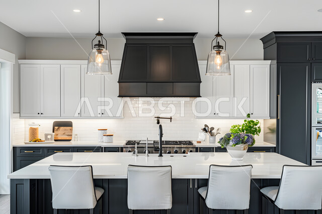 Modern modern design of luxury kitchens in the Kingdom of Saudi Arabia, architectural art for villas and residential apartments, sophisticated interior decor for a black and white kitchen, lights, lights and home accessories
