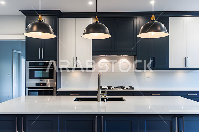 الفن الهندسي المعماري للفلل والشقق السكنية، التصميم العصري الحديث للمطابخ الفاخرة في المملكة العربية السعودية، ديكور داخلي راقي لمطبخ باللون الأسود والأبيض، الأضواء والأنوار والأكسسوارات المنزلية