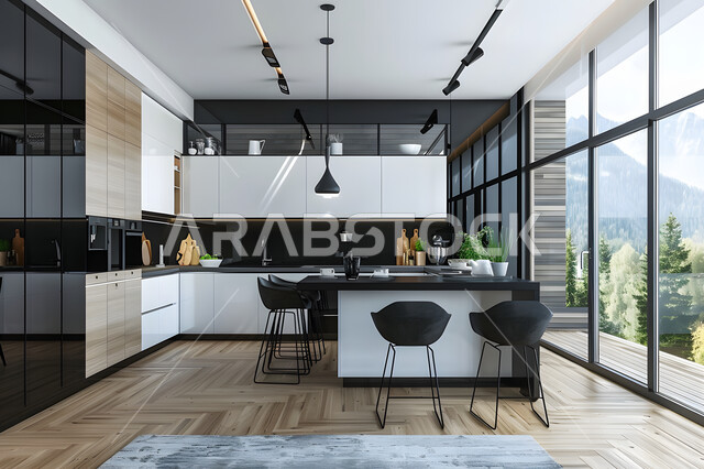 التصميم العصري الحديث للمطابخ الفاخرة في المملكة العربية السعودية، واجهة زجاجية كبيرة مطلة على الطبيعة، ديكور داخلي راقي لمطبخ باللون الأسود والأبيض، الفن الهندسي المعماري للفلل والشقق السكنية