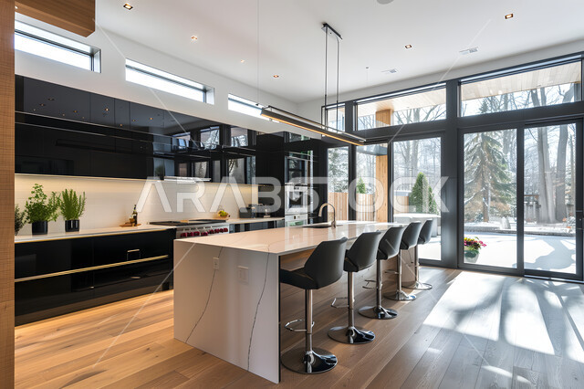 واجهة زجاجية كبيرة مطلة على الطبيعة، ديكور داخلي راقي لمطبخ باللون الأسود والأبيض، التصميم العصري الحديث للمطابخ الفاخرة في المملكة العربية السعودية، الفن الهندسي المعماري للفلل والشقق السكنية