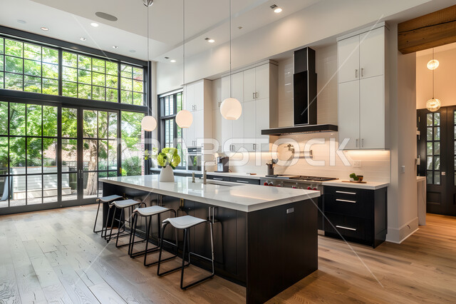 الأنوار والأضواء والأكسسوارات المنزلية، واجهة زجاجية كبيرة مطلة على الطبيعة، ديكور داخلي راقي لمطبخ باللون الأسود والأبيض، التصميم العصري الحديث للمطابخ الفاخرة في المملكة العربية السعودية، الفن الهندسي المعماري للفلل والشقق السكنية