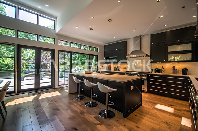 الأواني المرتبة على الرفوف، الاكسسوارات والتحف العصرية ، أثاث كلاسيكي فاخر، ديكورات داخلية حديثة لمطبخ داخل شقة سكنية في الملكة العربية السعودية، الواجهات الزجاجية المطلة على الطبيعة