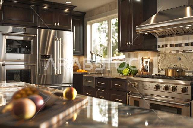 مطبخ راقي بخزائن خشبية بنية، التصاميم الداخلية للفلل والشقق السكنية، الديكورات العصرية للمطابخ الفاخرة في المملكة العربية السعودية، الواجهات والنوافذ الزجاجية المطلة على الطبيعة