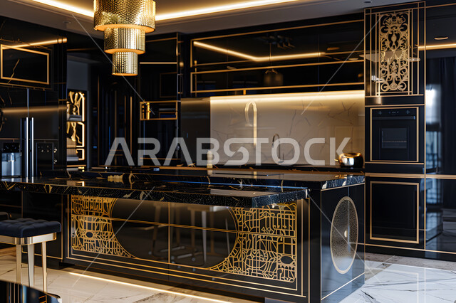 الاكسسوارات والتحف العصرية ، أثاث كلاسيكي فاخر باللون الأسود والذهبي، ديكورات داخلية حديثة لمطبخ داخل شقة سكنية في الملكة العربية السعودية، التصاميم الهندسية للمطابخ والمنازل الراقية