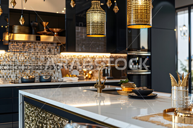 التحف والاكسسوارات العصرية ، أثاث كلاسيكي فاخر باللون الأسود والذهبي، ديكورات داخلية حديثة لمطبخ داخل شقة سكنية في الملكة العربية السعودية، التصاميم الهندسية للمطابخ والمنازل الراقية