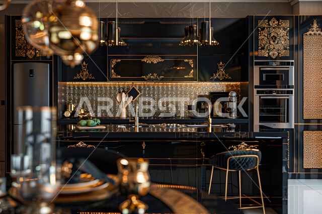 ديكورات داخلية حديثة لمطبخ داخل شقة سكنية في الملكة العربية السعودية، أثاث كلاسيكي فاخر باللون الأسود والذهبي، التحف والاكسسوارات العصرية ، التصاميم الهندسية للمطابخ والمنازل الراقية